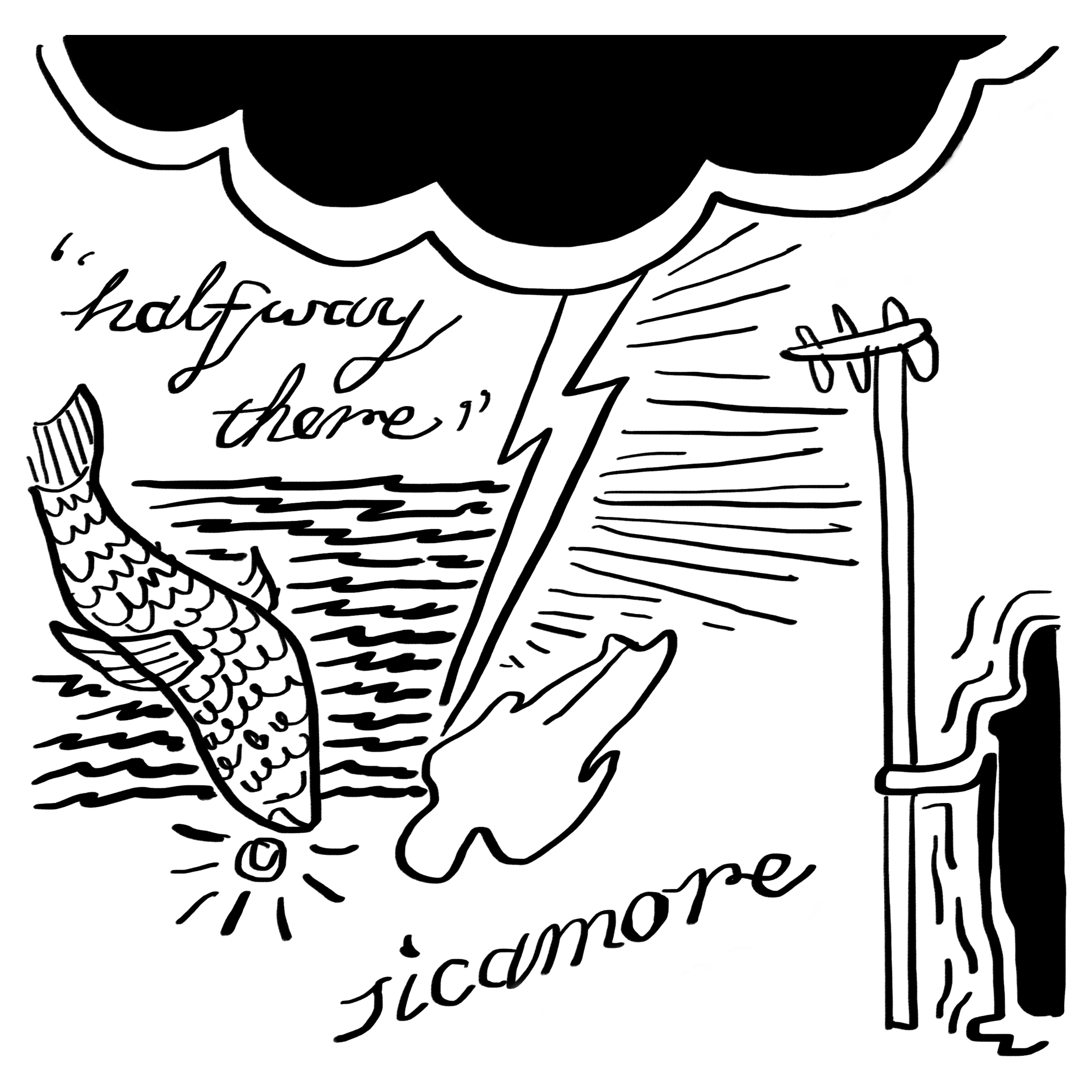 Album cover for Sicamore's Halfway There EP, a fish with a ring in its mouth on the left, an outline of a dead person in the middle, an elder holding an antennae on the right and a dark cloud above with lightning striking the man, and sea behind