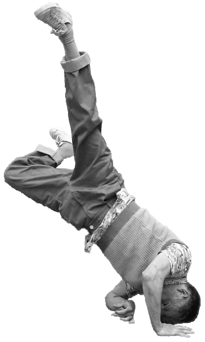 A photo of Gavin Housley doing a breakdancing freeze