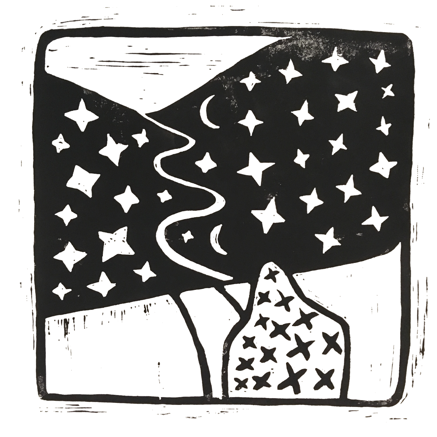 A lino print of a man standing before a landscape with starry sky.