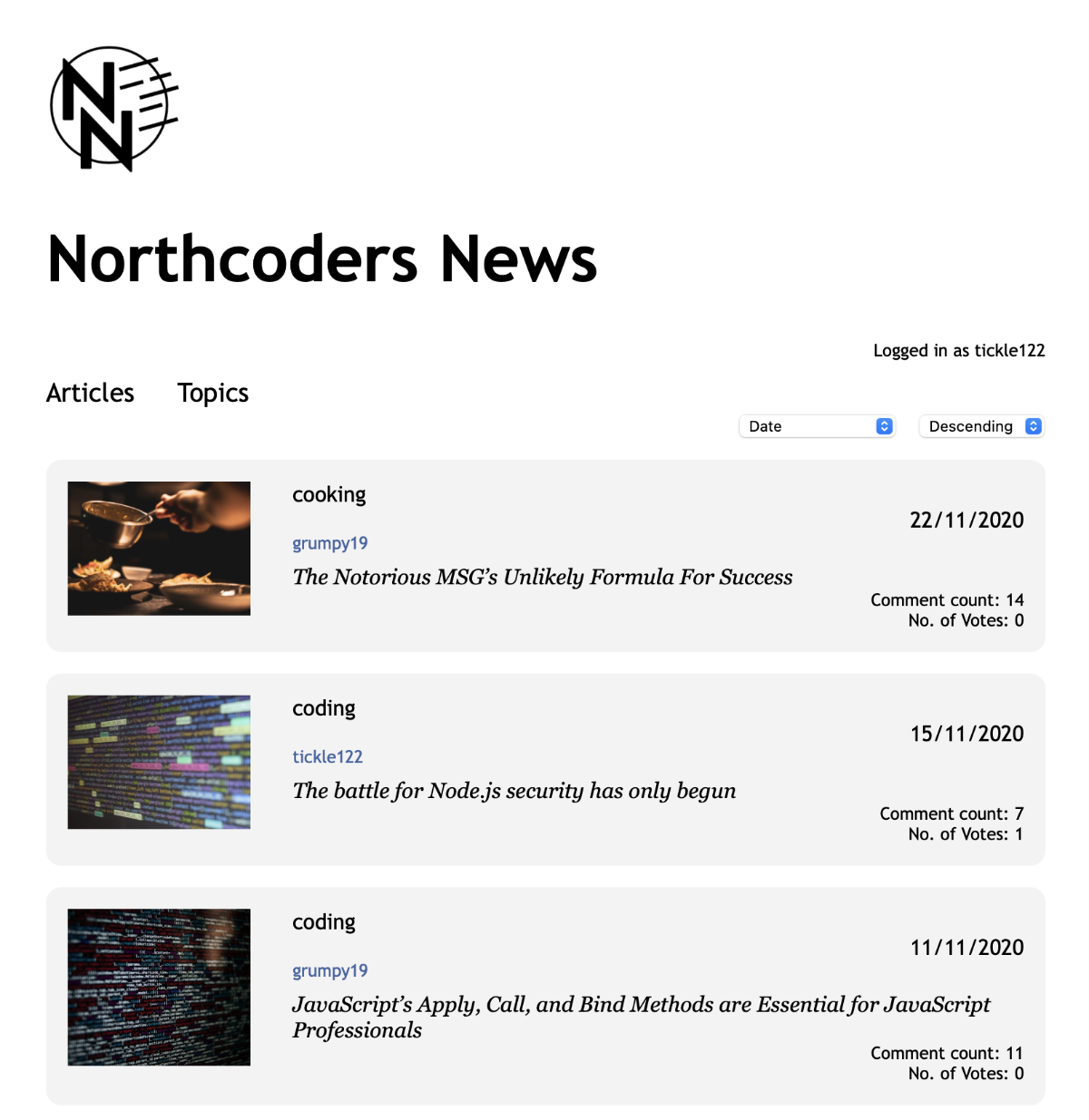 screenshot of Norcoders News article site